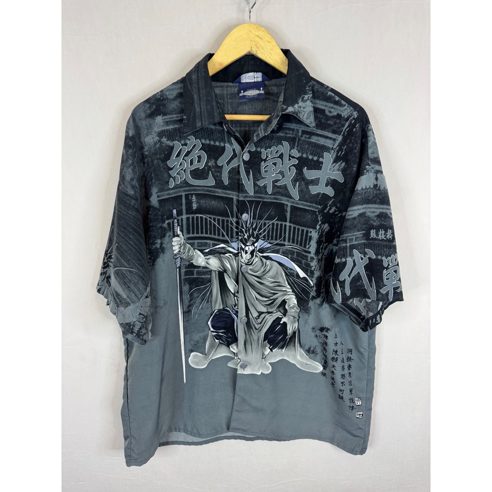 Fox Collection Mens Samurai Anime Graphic Button Down Shirt Grey Black Large